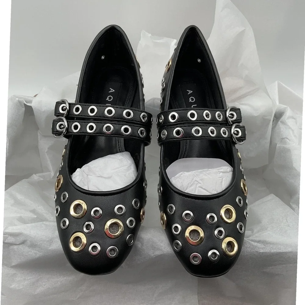 Aqua Gabbi Black Grommet Mary Jane Flats Double Buckle Mixed Metal Shoes Size 5M